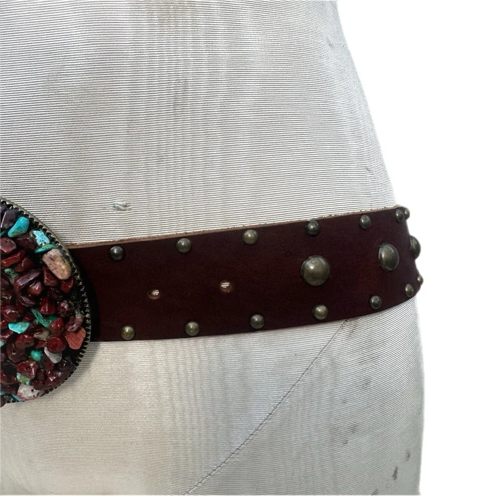 Vintage 90s Bebe Leather Studded Belt M/L Made in USA Southwest Mosaic Buckle